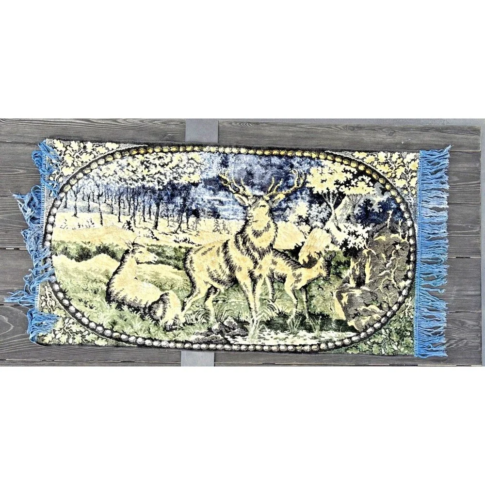 Vtg Deer Tapestry Velvet Wall Hanging Rug Carpet 42